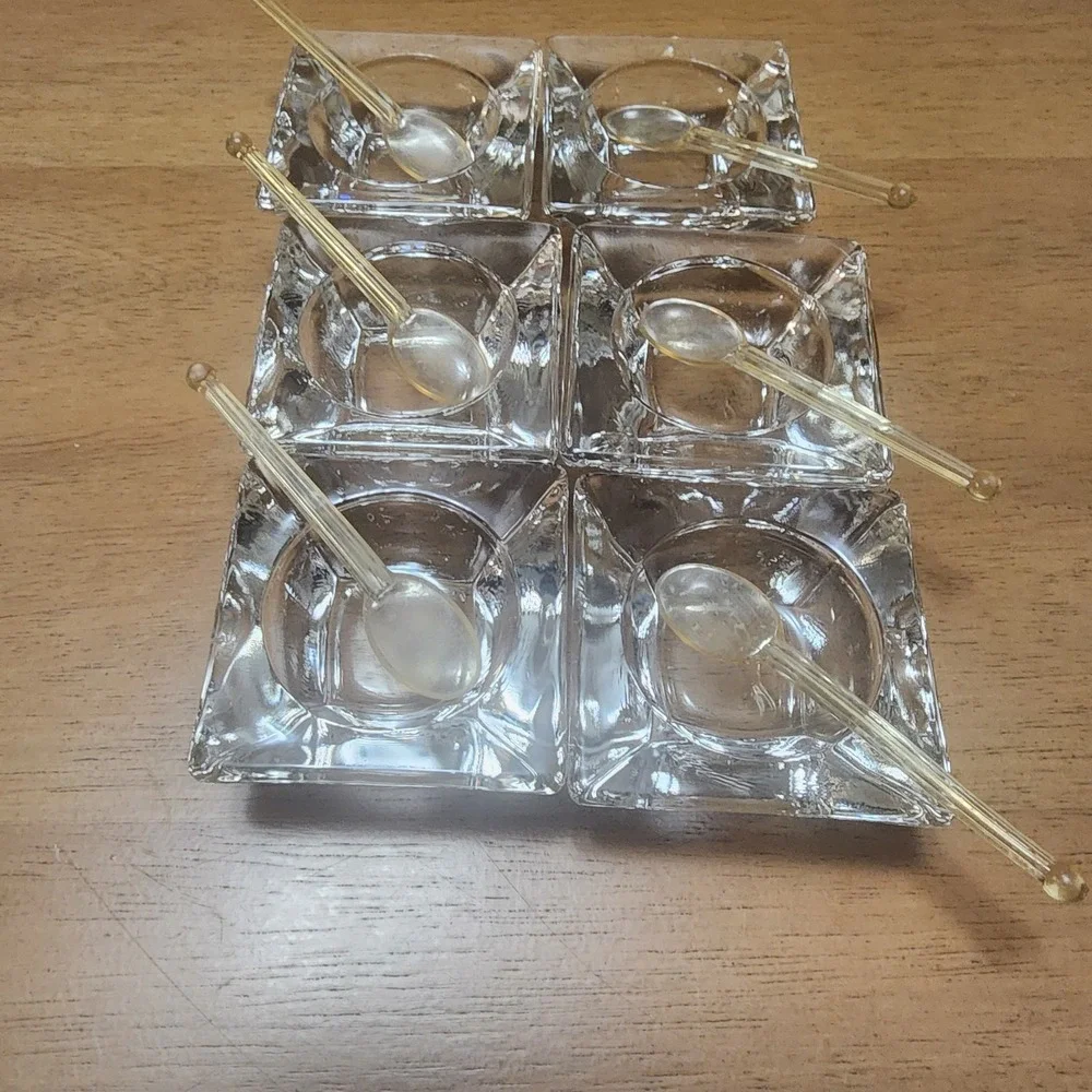 6- Vintage Salt Celllars with Spoons Square Shaped Clear Glass